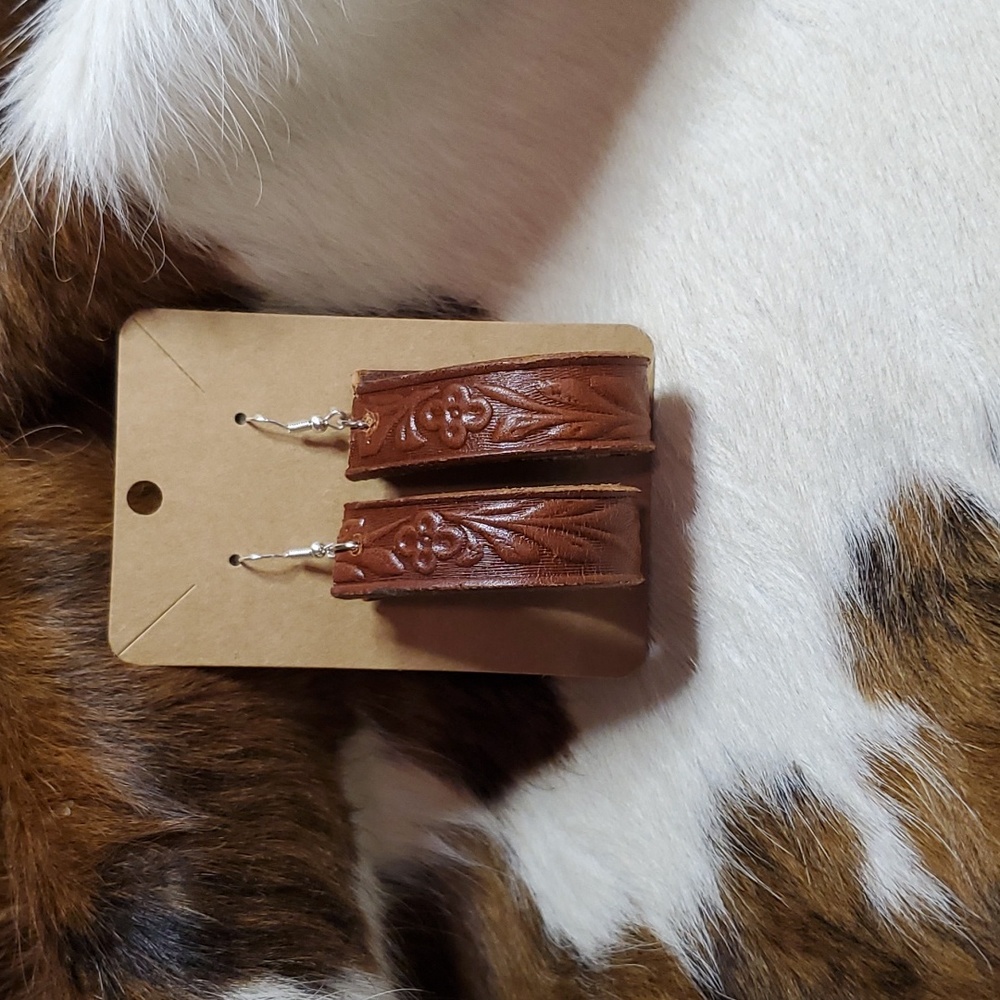 Handcrafted/Up-cycled Brown Embossed Genuine Leather Earrings